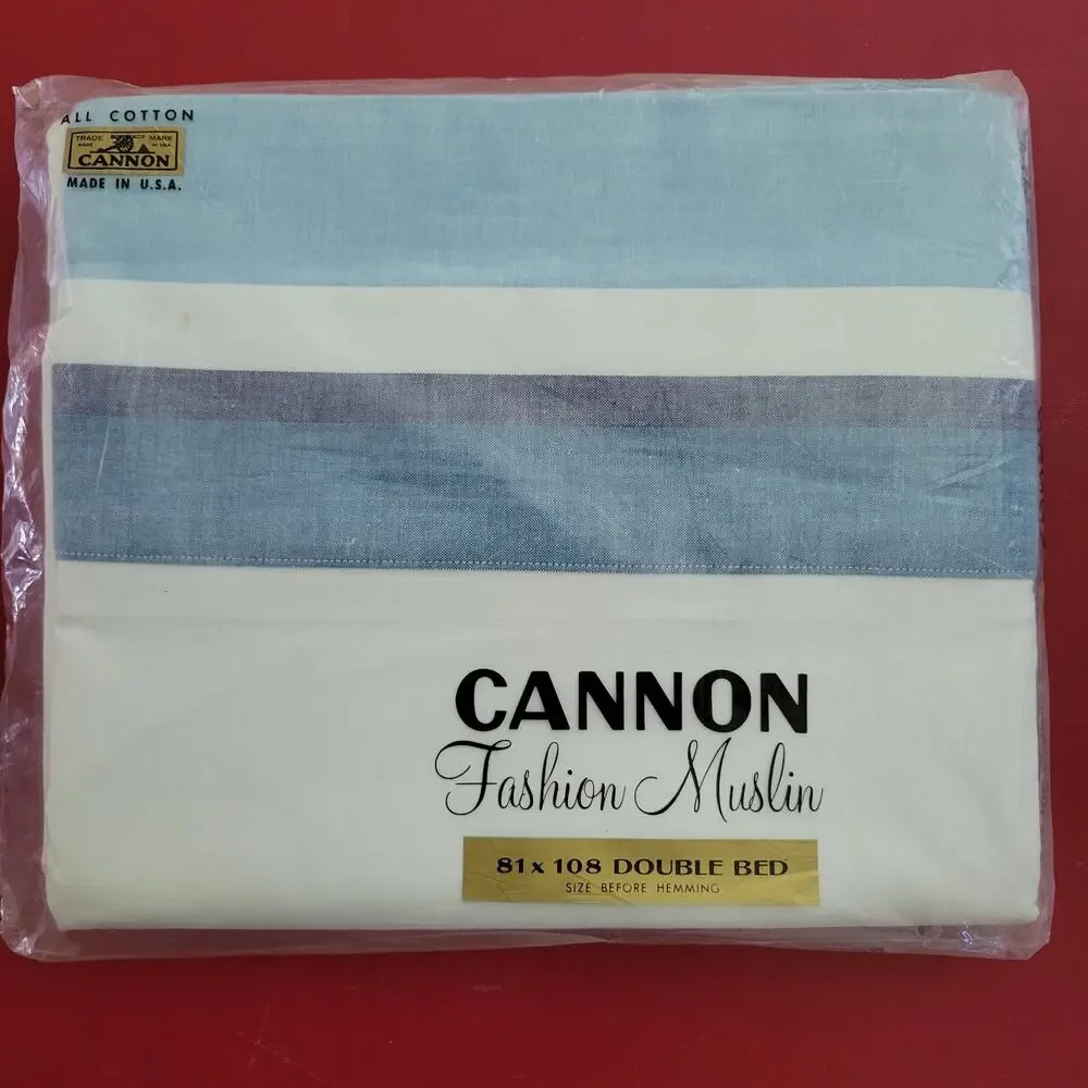 Cannon Fashion Muslin Double Bed Flat Sheet Blue Stripe 81 x 108 NEW USA 1970s